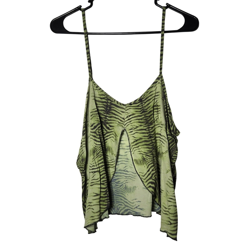 Green Tiger Print Mesh Camisole Front Slit Tank Top L Y2K Grunge Fairy Festival